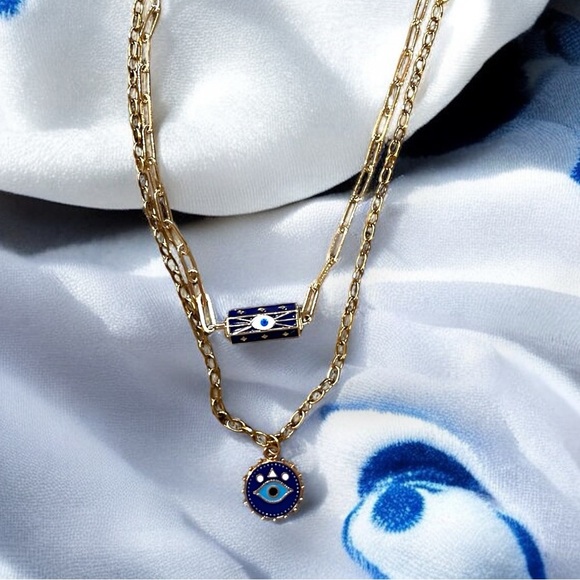Gold toned and Blue Evil Eye Necklace Set Layer or wear alone - Picture 12 of 16